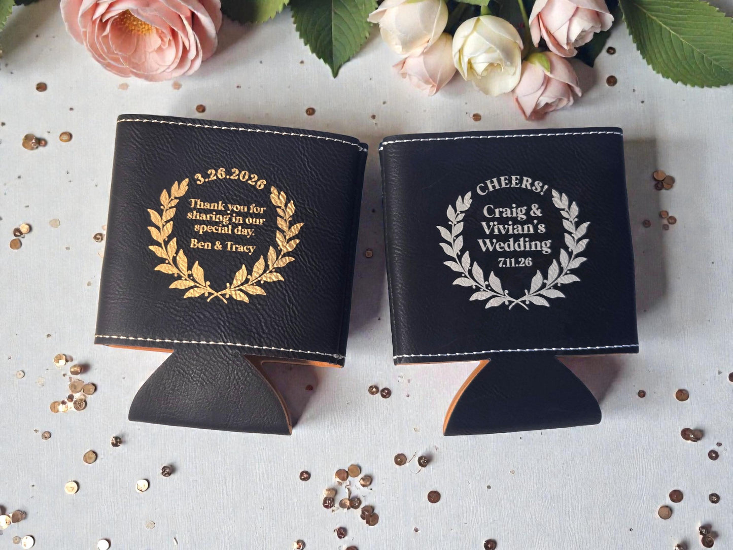 Personalized Wedding Favor Cozie, Laurel Design, Laser Engraved Beverage Holder, Bulk Wedding Guest Favors, Gold/Silver/Gray/Rawhide/Brown