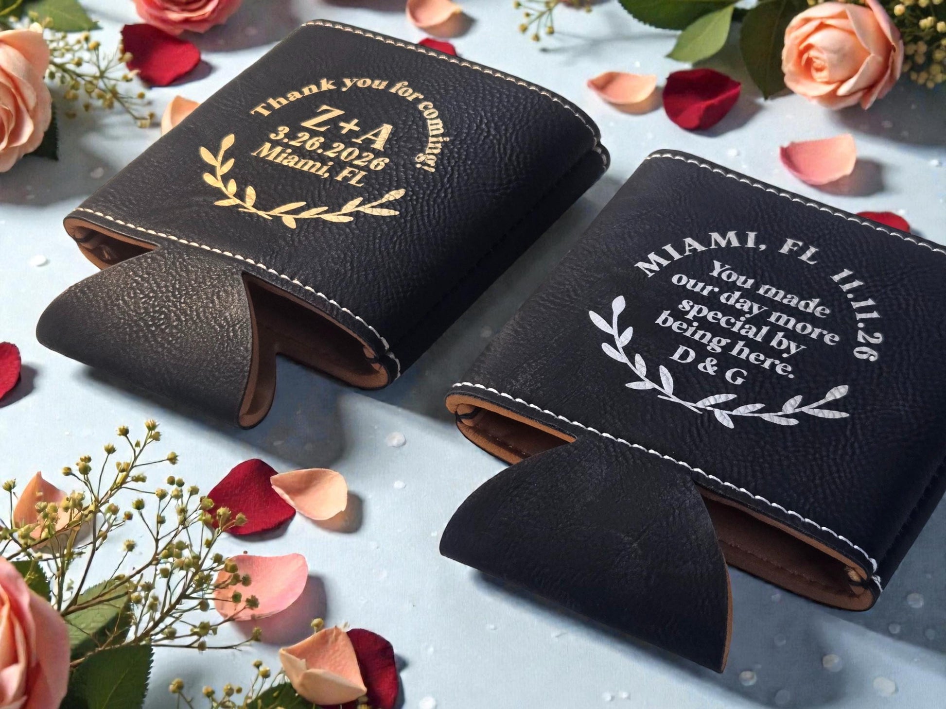 Personalized Wedding Favor Cozie, Laurel Design, Engraved Leather Beverage Holder, Bulk Wedding Guest Favors, Silver/Gold/Rawhide/Gray/Brown
