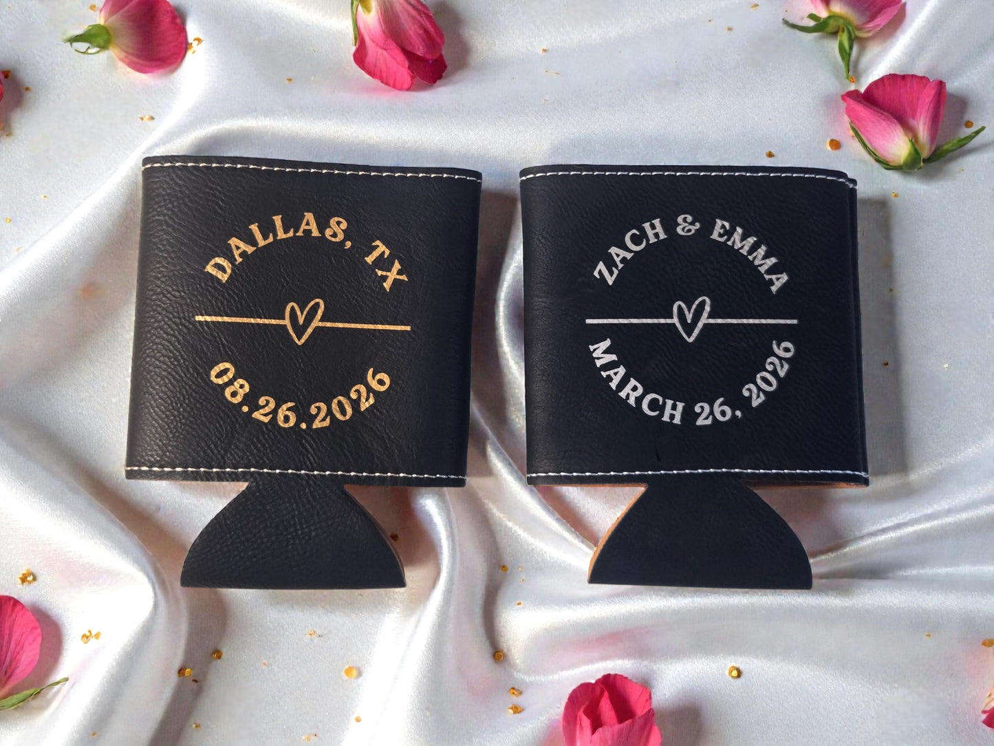 Personalized Wedding Favor Cozies, Engraved Leatherette Can Cozie Beverage Holder, Bulk Wedding Guest Favors, Gold/Silver/Brown/Gray/Rawhide