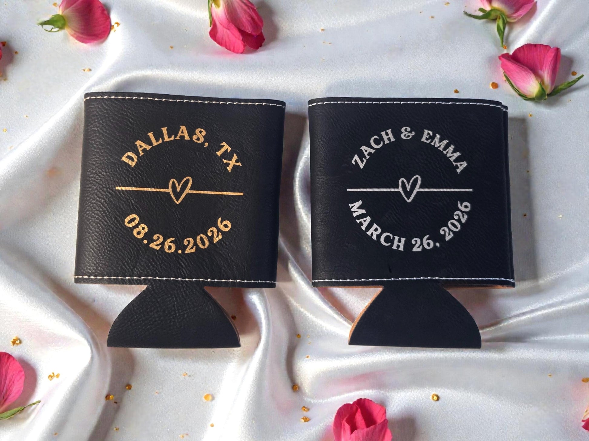 Personalized Wedding Favor Cozies, Engraved Leatherette Can Cozie Beverage Holder, Bulk Wedding Guest Favors, Gold/Silver/Brown/Gray/Rawhide