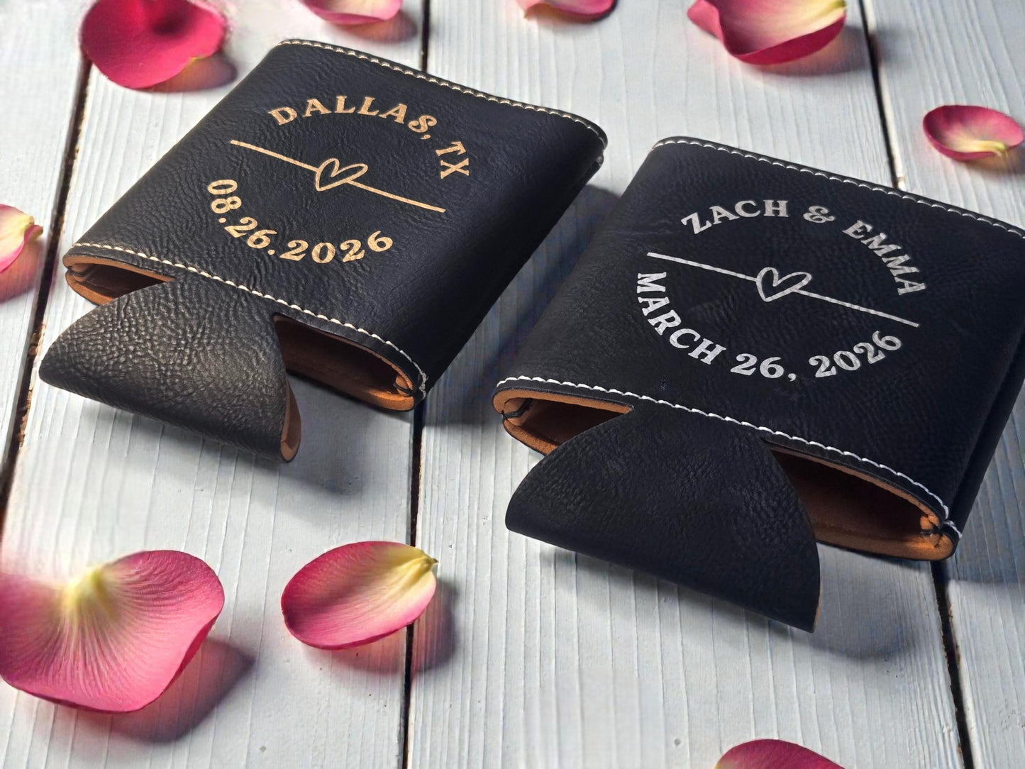 Personalized Wedding Favor Cozies, Engraved Leatherette Can Cozie Beverage Holder, Bulk Wedding Guest Favors, Gold/Silver/Brown/Gray/Rawhide