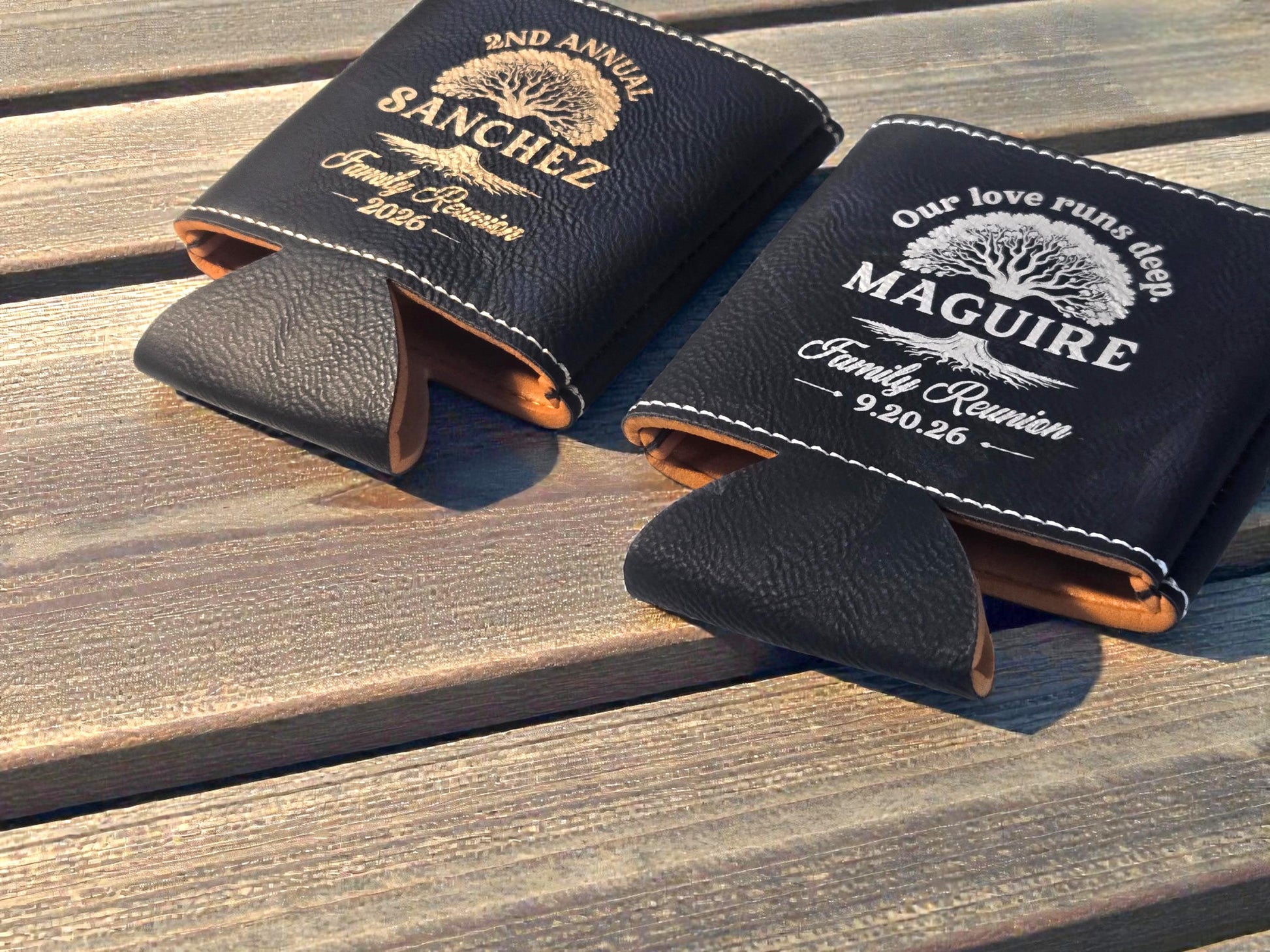 Family Reunion Party Favor, Custom Engraved Leatherette Can Holder, Bulk Reunion Personalized Party Gifts, Silver/Gold/Brown/Rawhide/Gray