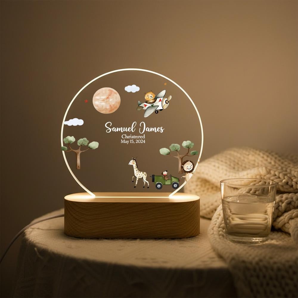 Personalized acrylic night light with wooden base, safari airplane nursery name lamp, custom christening keepsake for baby boy, baptism gift