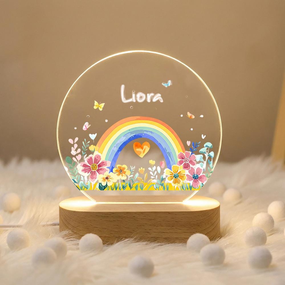 Acrylic LED night light with name, rainbow & floral design, wooden base, nursery decor, personalized kids room lamp, custom baby gift
