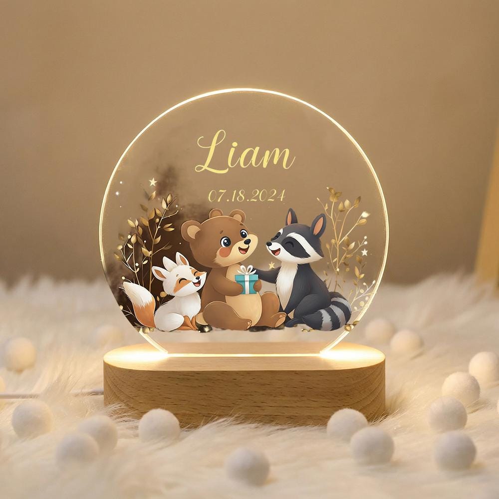 Personalized acrylic night light with wooden base, woodland animals name sign for nursery, baby shower gift, kids room bedside lamp