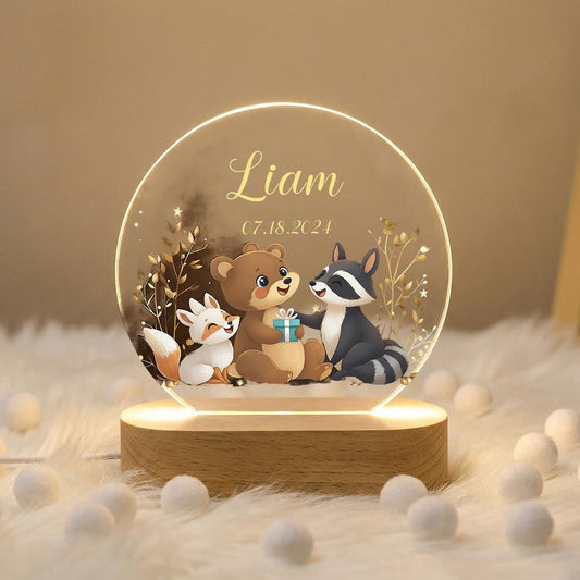 Personalized acrylic night light with wooden base, woodland animals name sign for nursery, baby shower gift, kids room bedside lamp