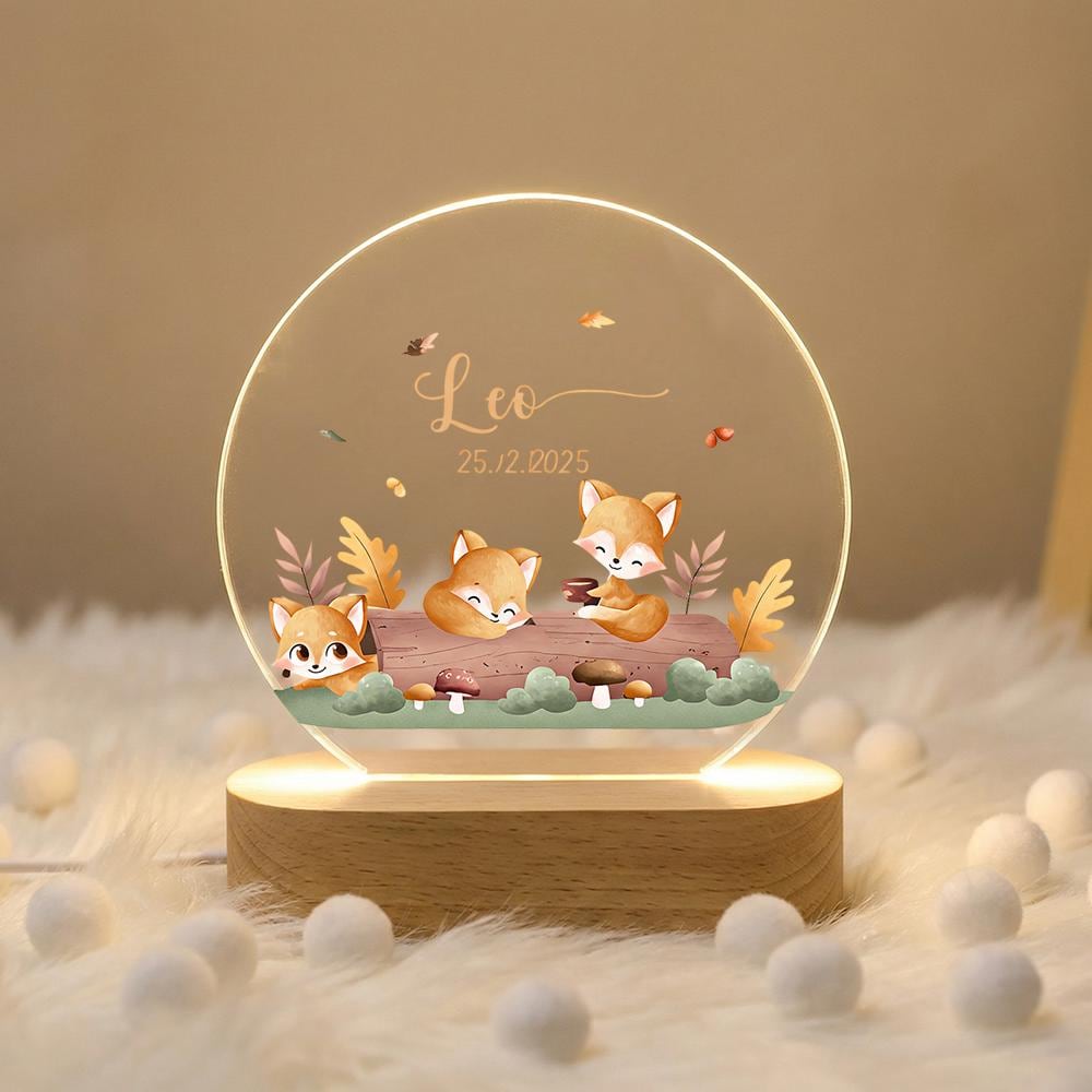 Personalized fox night light, acrylic name lamp, woodland nursery decor, custom baby keepsake, LED base, autumn forest animals