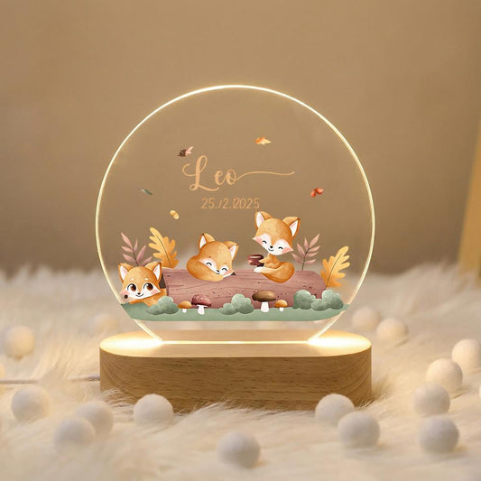 Personalized fox night light, acrylic name lamp, woodland nursery decor, custom baby keepsake, LED base, autumn forest animals