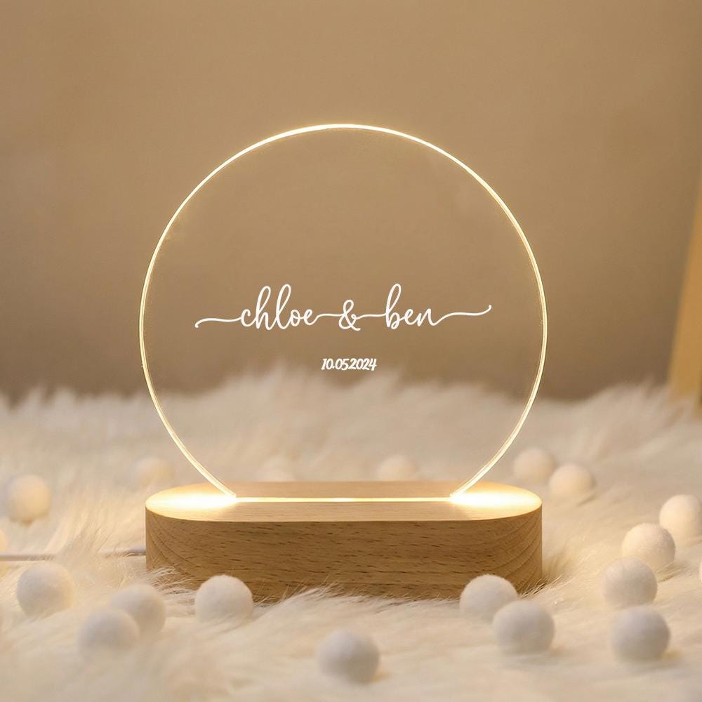 Personalized acrylic LED night light with wood base, custom names & date, wedding anniversary couple gift, bedside desk lamp decor