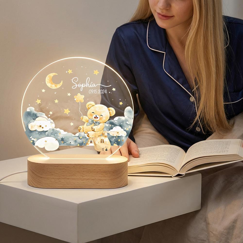 Personalized acrylic night light with wooden base, teddy bear moon clouds nursery decor, custom name date baby shower gift