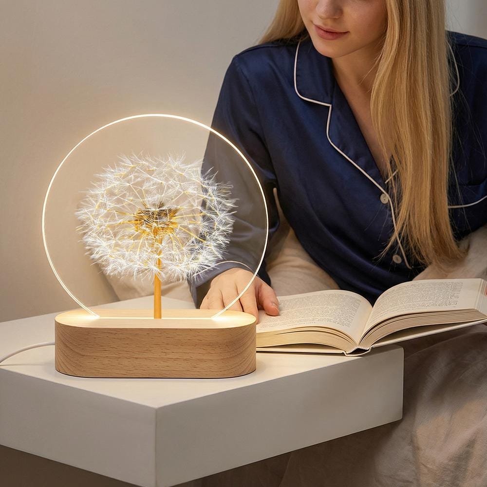 Dandelion LED night light with wood base, 3D botanical resin lamp, warm glow bedside decor, minimalist desk accent, gift for her him