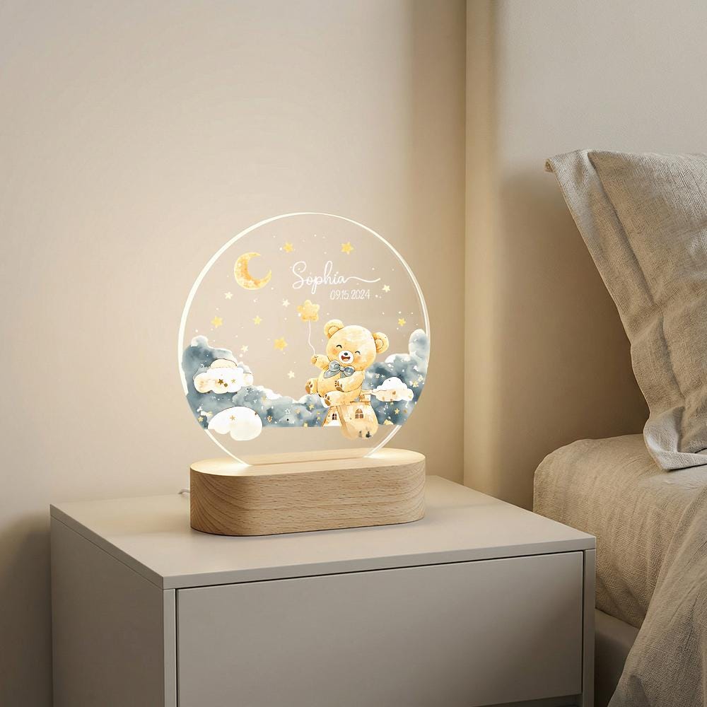 Personalized acrylic night light with wooden base, teddy bear moon clouds nursery decor, custom name date baby shower gift