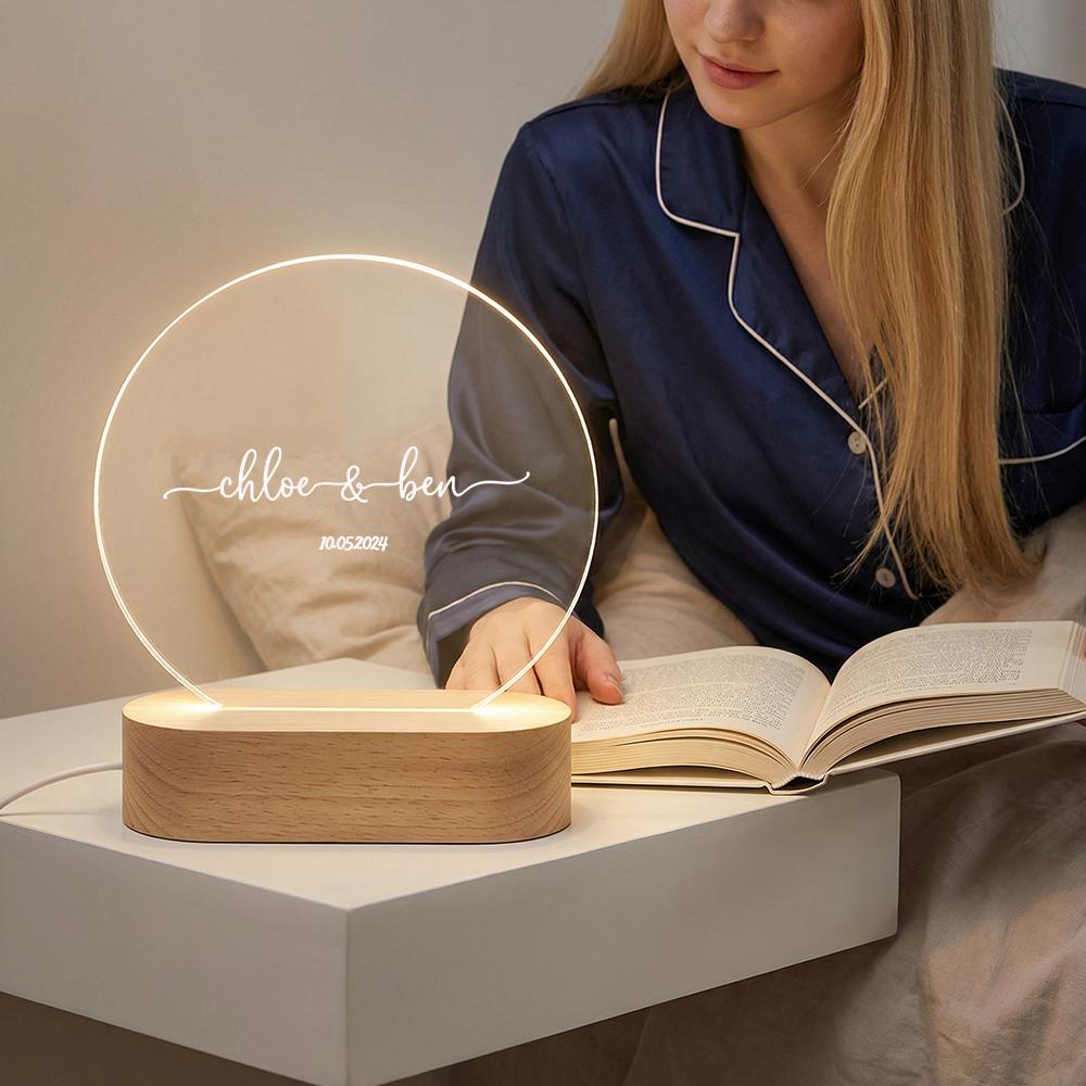 Personalized acrylic LED night light with wood base, custom names & date, wedding anniversary couple gift, bedside desk lamp decor