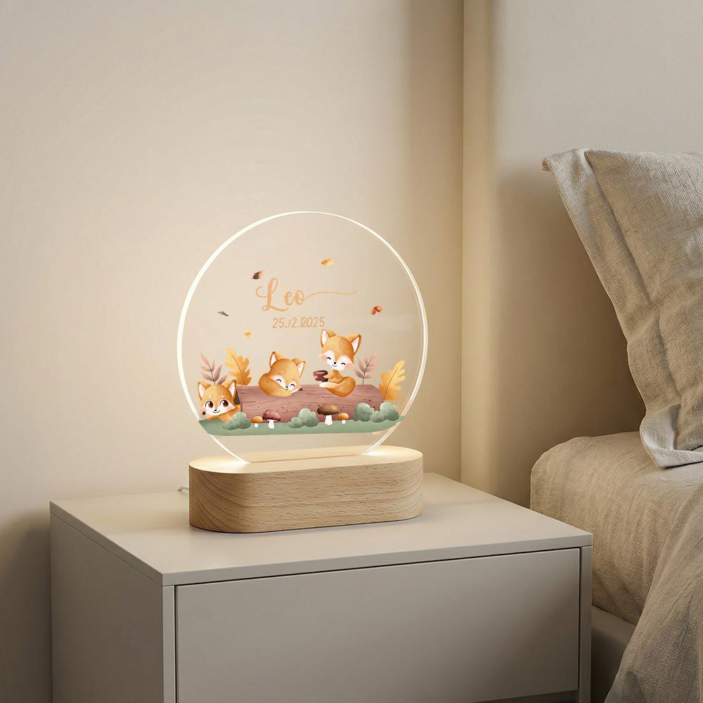 Personalized fox night light, acrylic name lamp, woodland nursery decor, custom baby keepsake, LED base, autumn forest animals