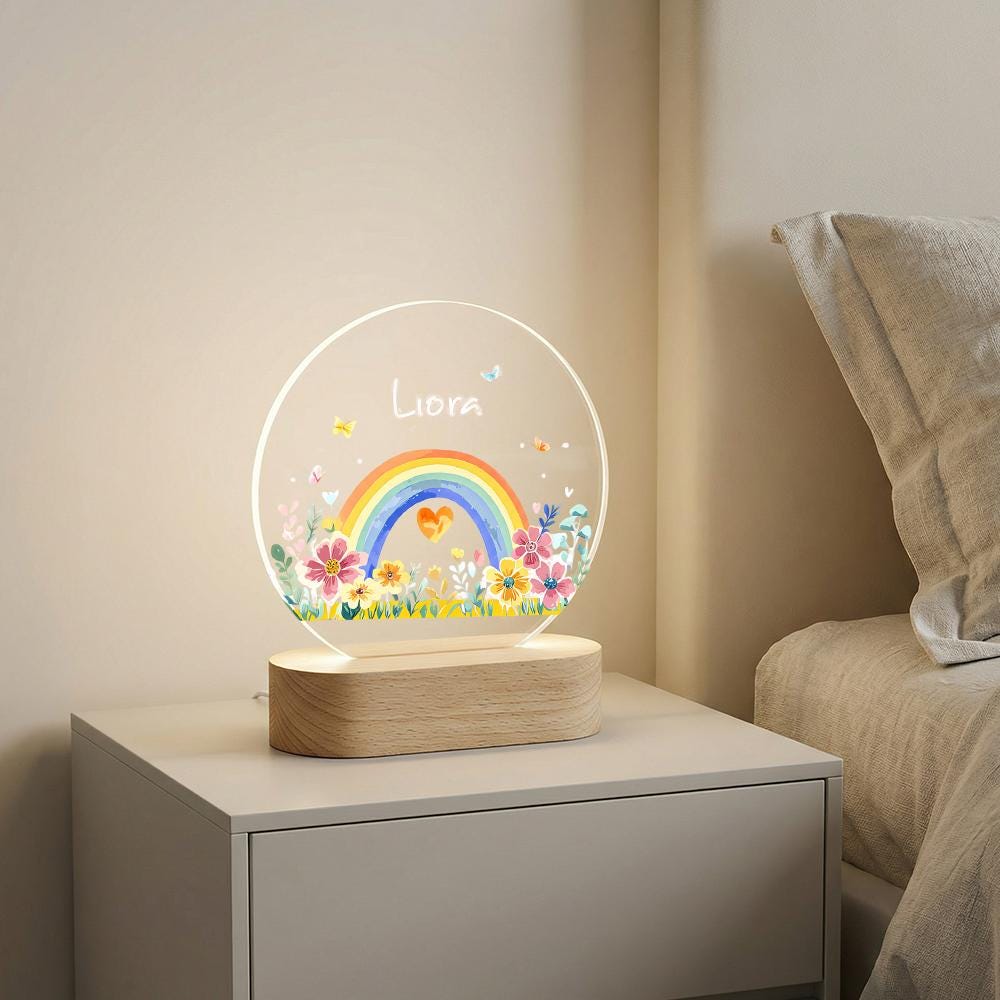 Acrylic LED night light with name, rainbow & floral design, wooden base, nursery decor, personalized kids room lamp, custom baby gift