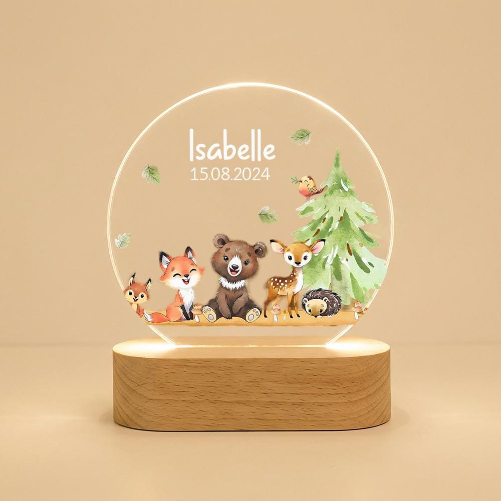 Personalized acrylic night light with woodland animals, name & date LED lamp for nursery decor, baby shower gift, forest theme keepsake