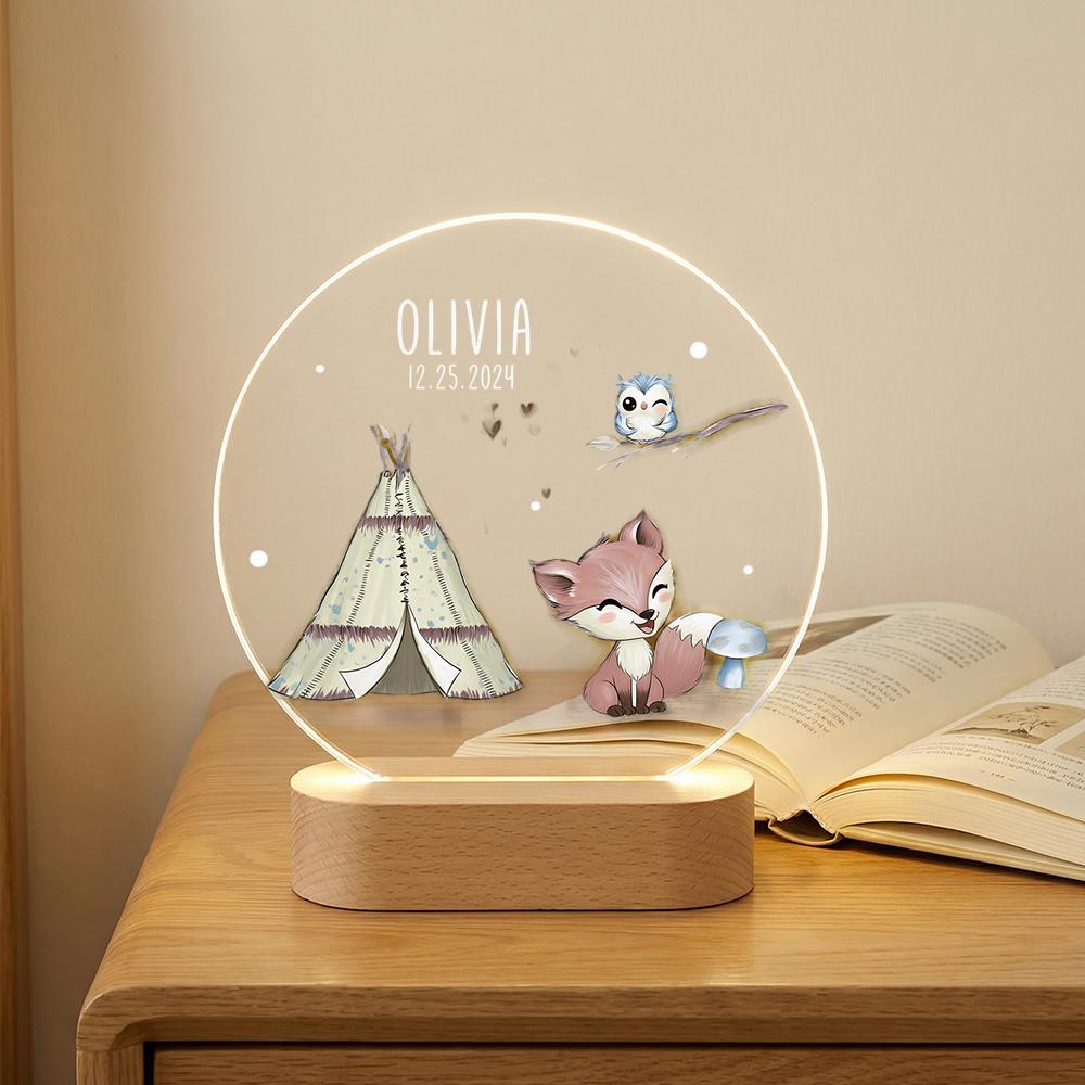 Personalized acrylic night light with wooden base, woodland fox teepee nursery decor, custom name date baby keepsake, kids room lamp