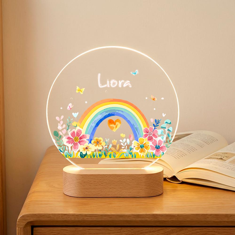 Acrylic LED night light with name, rainbow & floral design, wooden base, nursery decor, personalized kids room lamp, custom baby gift