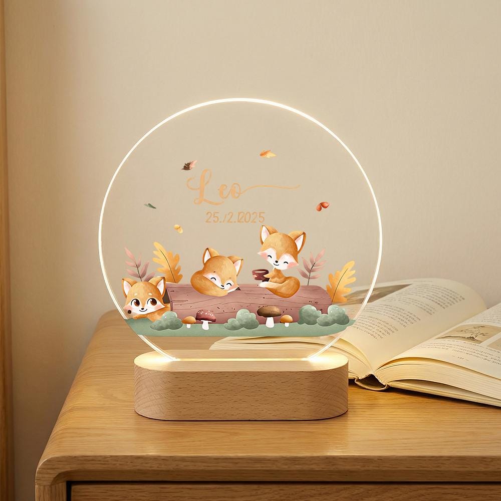 Personalized fox night light, acrylic name lamp, woodland nursery decor, custom baby keepsake, LED base, autumn forest animals
