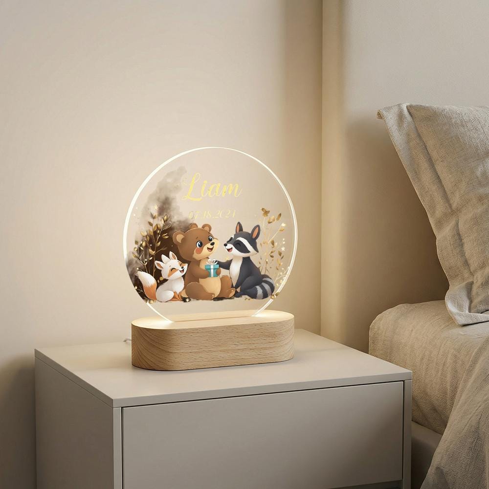 Personalized acrylic night light with wooden base, woodland animals name sign for nursery, baby shower gift, kids room bedside lamp