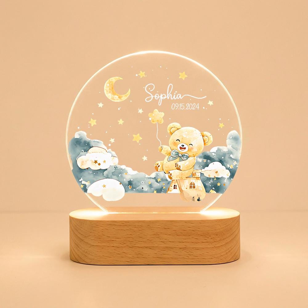 Personalized acrylic night light with wooden base, teddy bear moon clouds nursery decor, custom name date baby shower gift