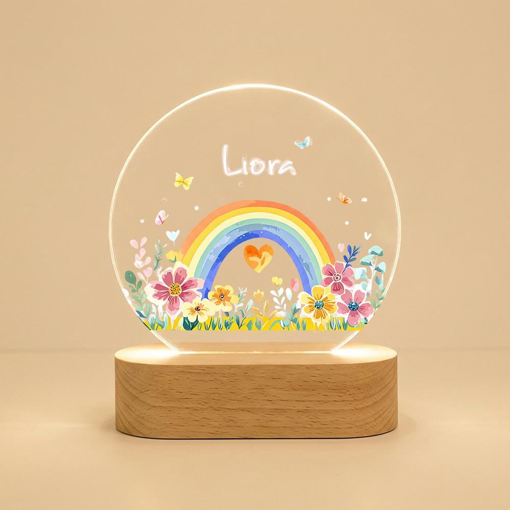 Acrylic LED night light with name, rainbow & floral design, wooden base, nursery decor, personalized kids room lamp, custom baby gift