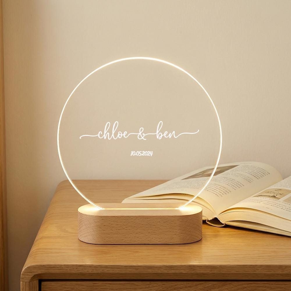 Personalized acrylic LED night light with wood base, custom names & date, wedding anniversary couple gift, bedside desk lamp decor
