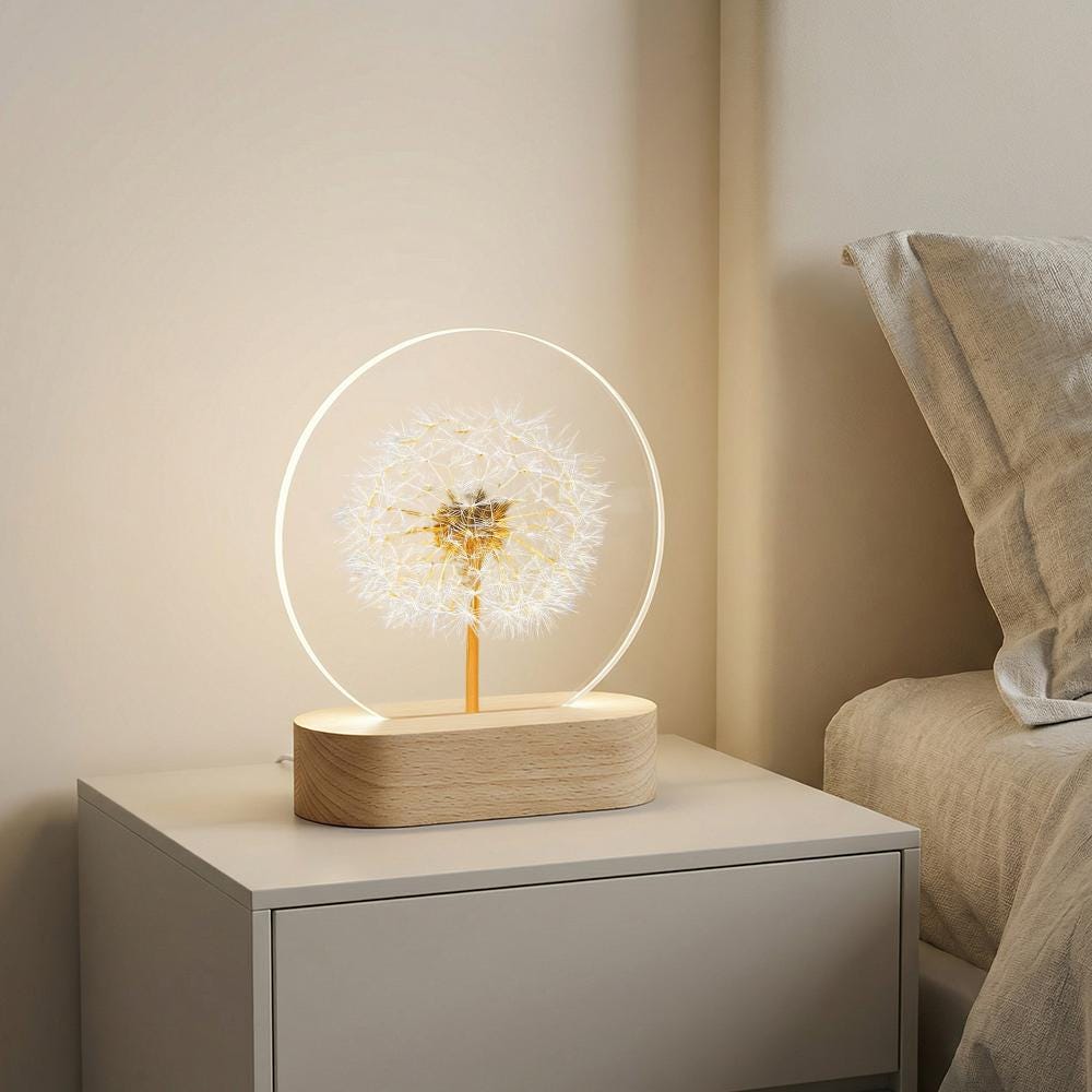 Dandelion LED night light with wood base, 3D botanical resin lamp, warm glow bedside decor, minimalist desk accent, gift for her him