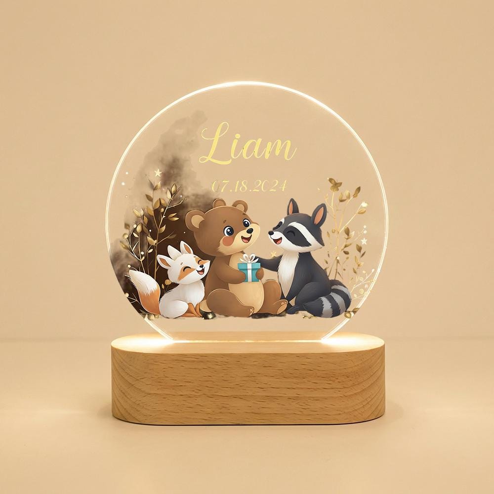 Personalized acrylic night light with wooden base, woodland animals name sign for nursery, baby shower gift, kids room bedside lamp