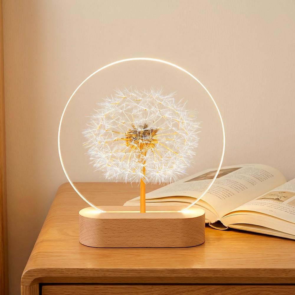 Dandelion LED night light with wood base, 3D botanical resin lamp, warm glow bedside decor, minimalist desk accent, gift for her him