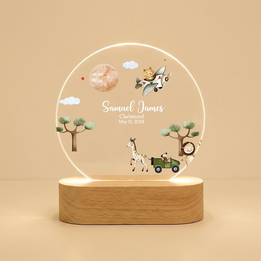 Personalized acrylic night light with wooden base, safari airplane nursery name lamp, custom christening keepsake for baby boy, baptism gift