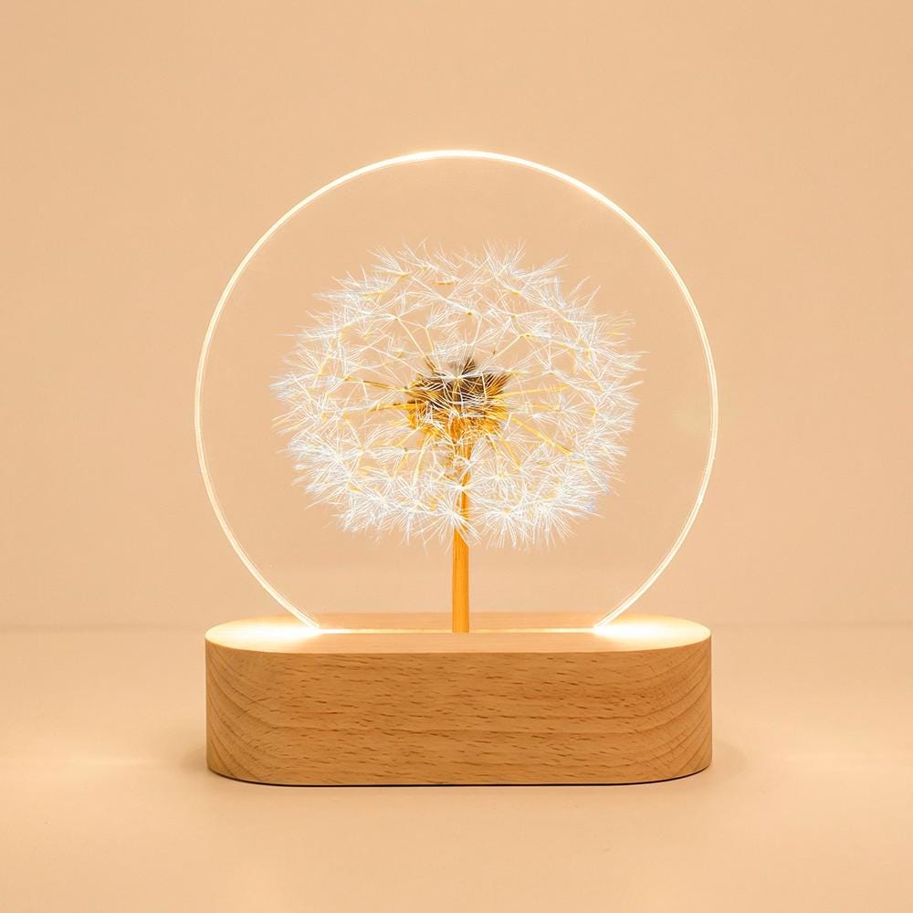 Dandelion LED night light with wood base, 3D botanical resin lamp, warm glow bedside decor, minimalist desk accent, gift for her him