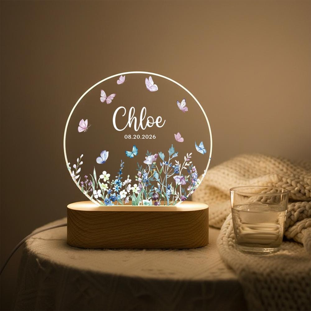 Personalized acrylic night light with name & date, butterfly wildflower design, LED wooden base, nursery decor, baby announcement gift
