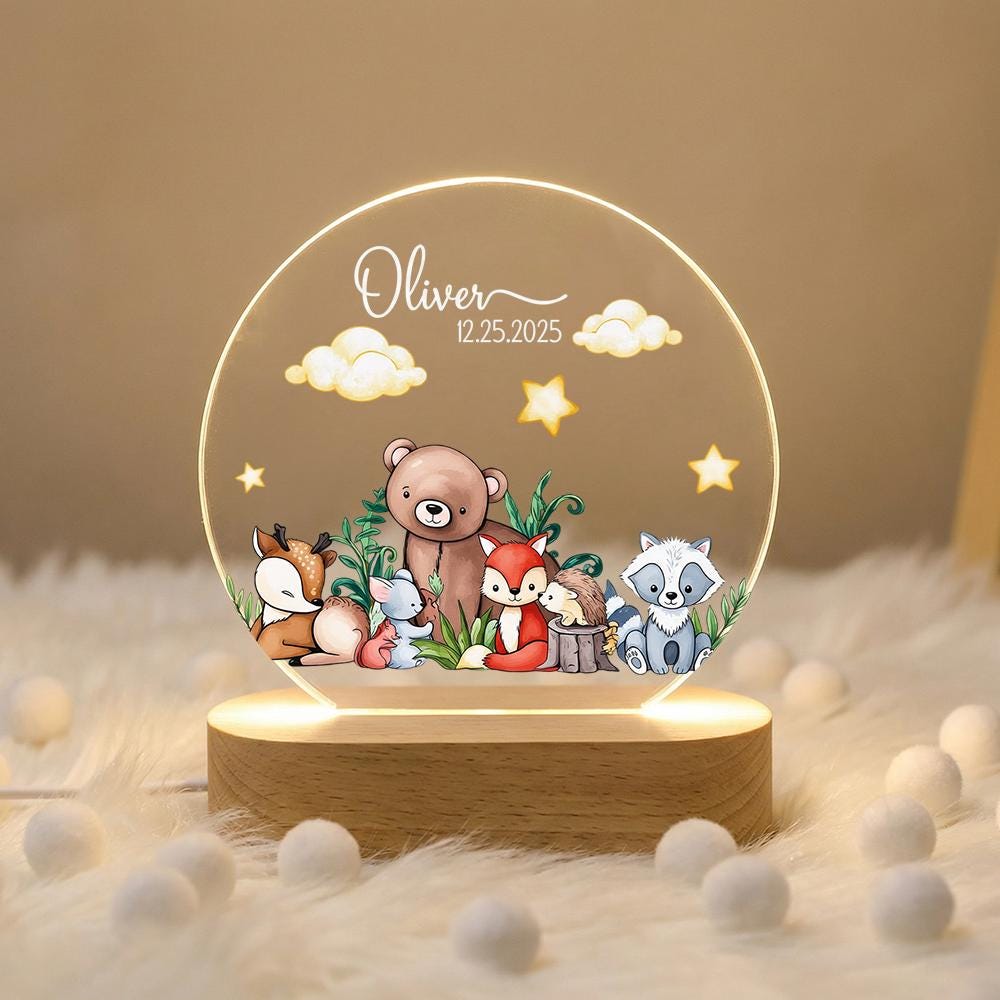 Personalized Woodland Night Light Acrylic LED Sign, Baby Name Nursery Lamp, Custom Birth Date Gift, Forest Animals Decor
