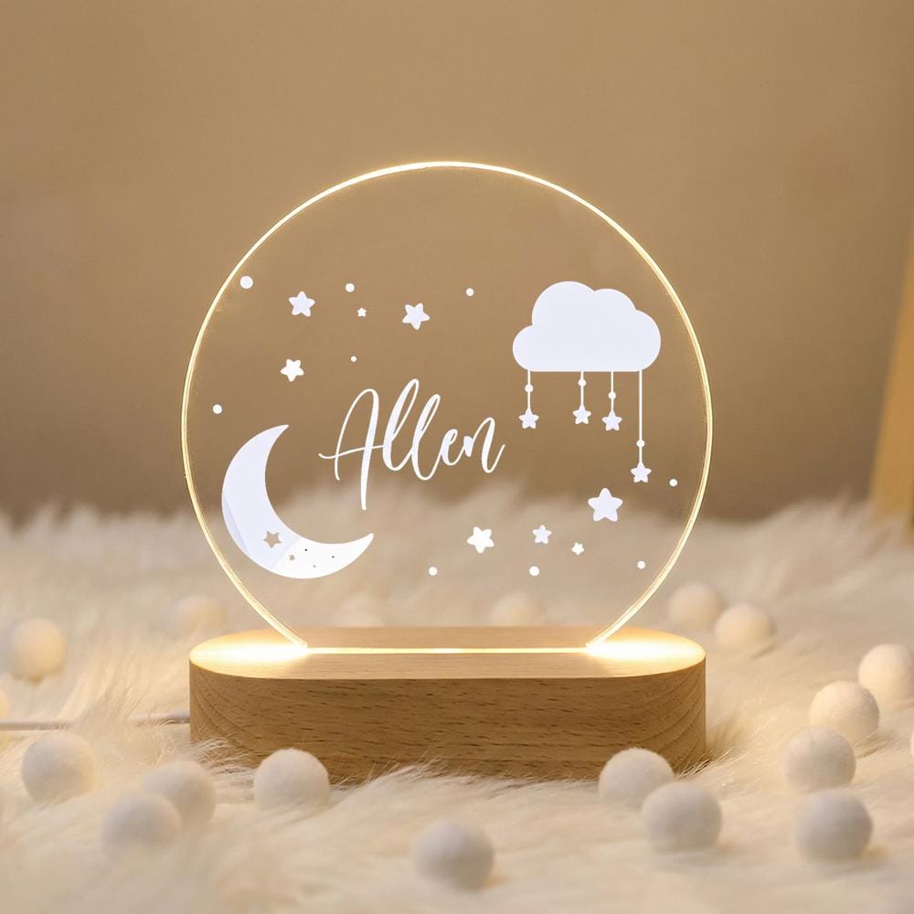 Personalized acrylic night light with wooden base, moon cloud stars nursery lamp, custom name baby room decor, newborn shower gift