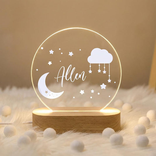 Personalized acrylic night light with wooden base, moon cloud stars nursery lamp, custom name baby room decor, newborn shower gift