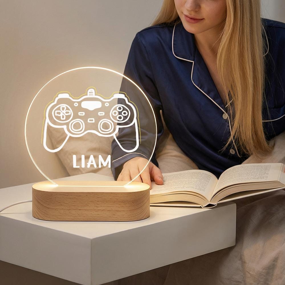Acrylic LED night light with game controller icon, personalized name lamp, USB base, gamer room desk decor, custom boys gift