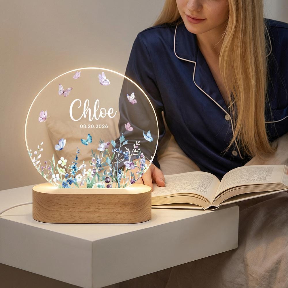 Personalized acrylic night light with name & date, butterfly wildflower design, LED wooden base, nursery decor, baby announcement gift