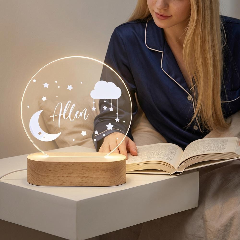 Personalized acrylic night light with wooden base, moon cloud stars nursery lamp, custom name baby room decor, newborn shower gift