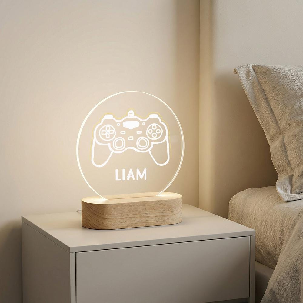 Acrylic LED night light with game controller icon, personalized name lamp, USB base, gamer room desk decor, custom boys gift