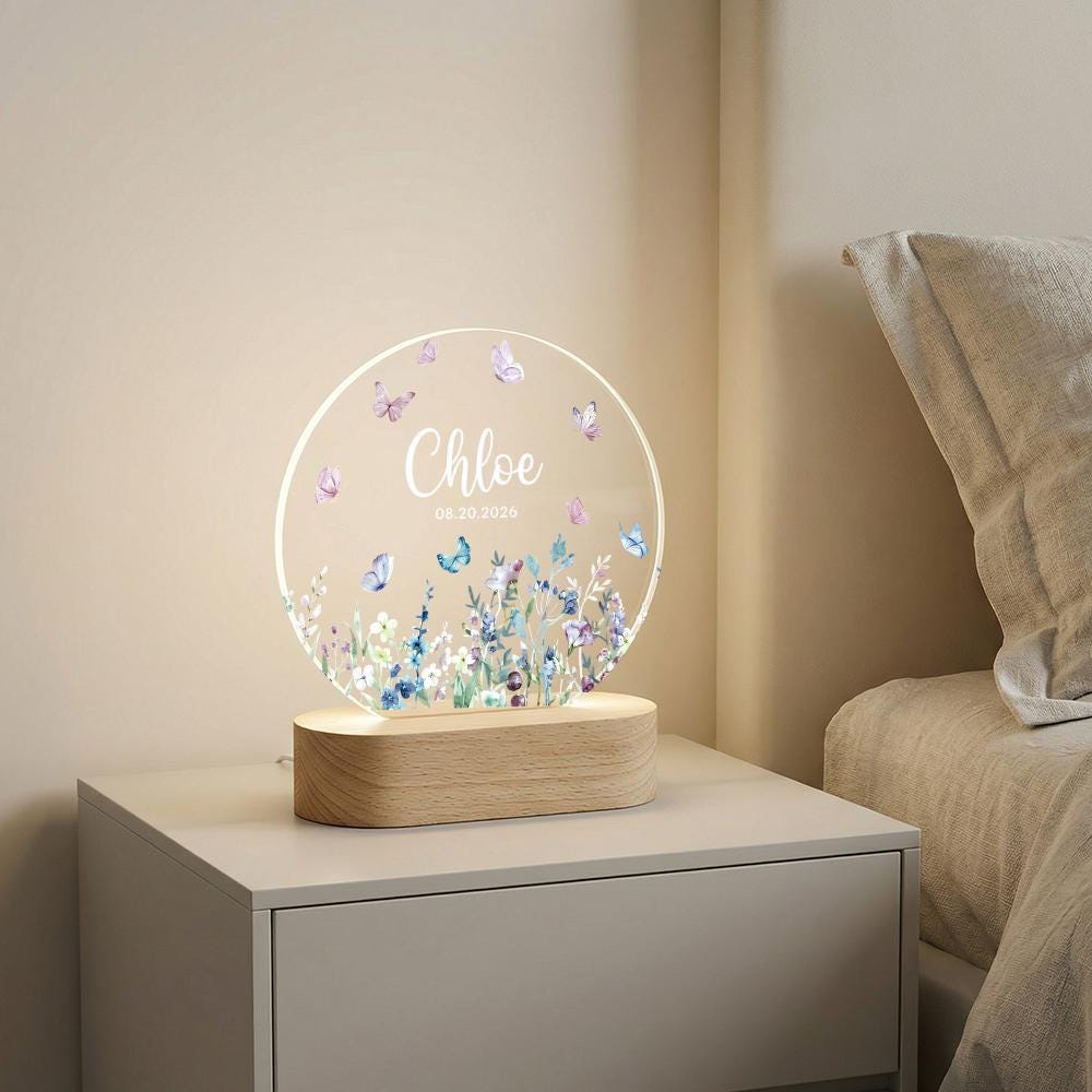 Personalized acrylic night light with name & date, butterfly wildflower design, LED wooden base, nursery decor, baby announcement gift