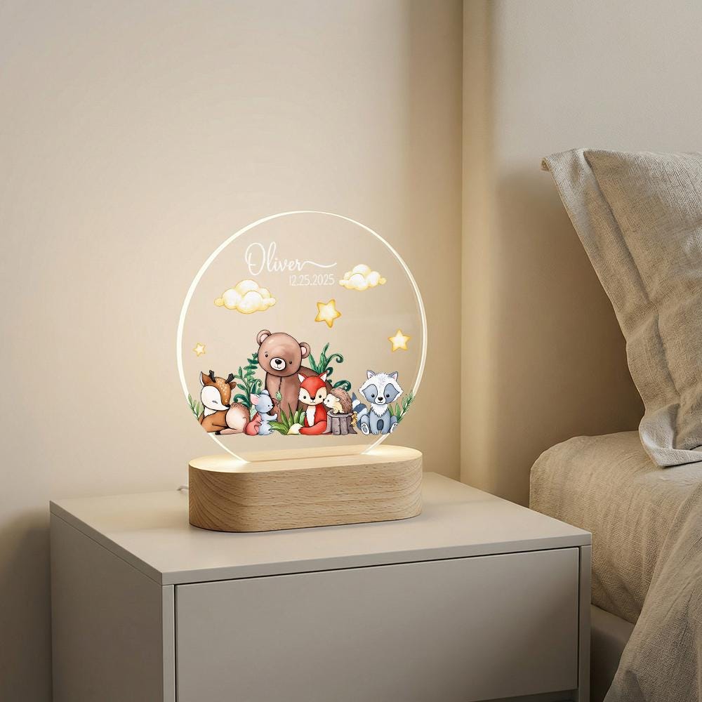 Personalized Woodland Night Light Acrylic LED Sign, Baby Name Nursery Lamp, Custom Birth Date Gift, Forest Animals Decor