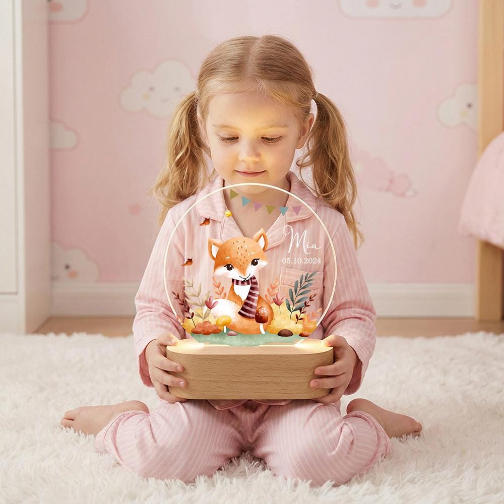 Personalized fox night light, custom name date LED acrylic lamp, woodland nursery decor, baby keepsake gift, newborn announcement