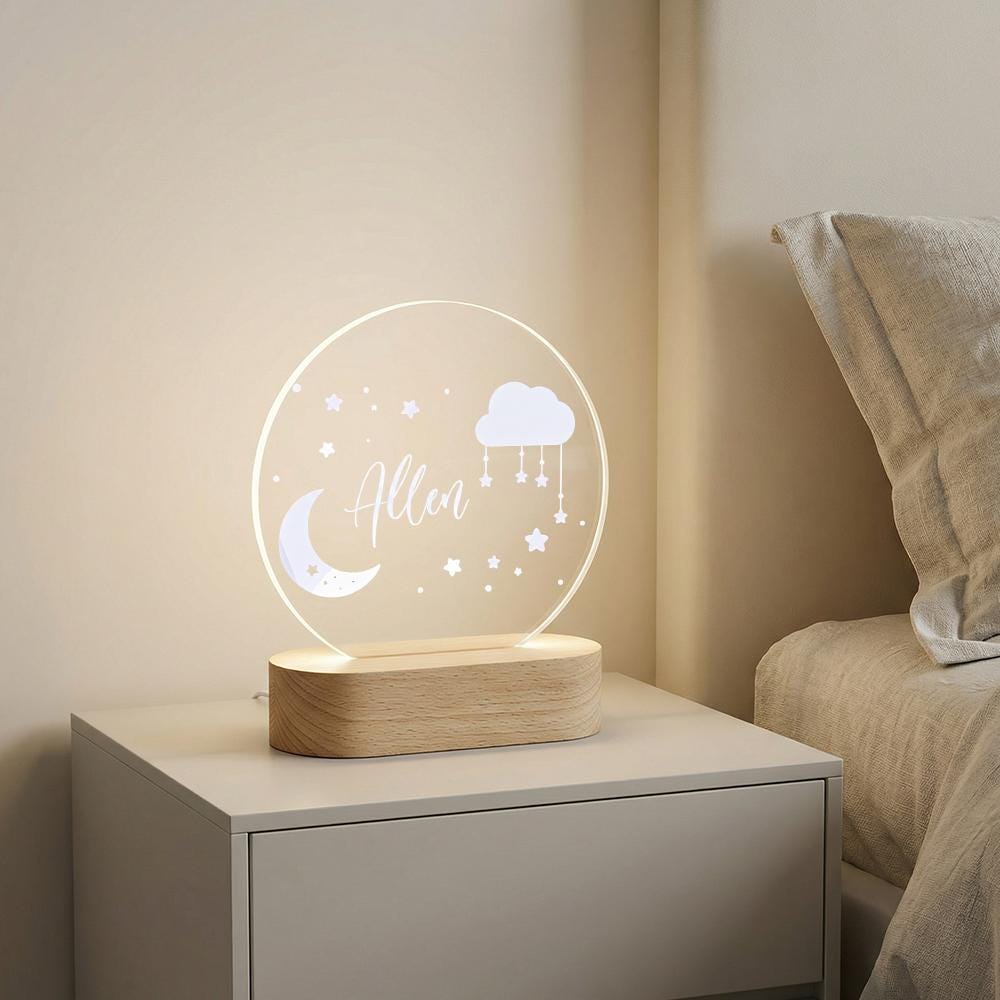 Personalized acrylic night light with wooden base, moon cloud stars nursery lamp, custom name baby room decor, newborn shower gift