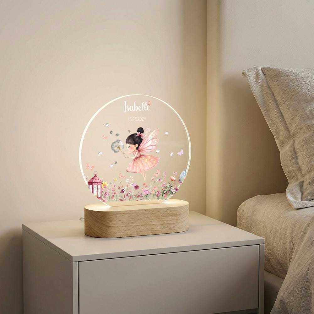 Personalized acrylic night light with fairy girl, name & date | nursery decor LED lamp | birthday christening baby shower gift