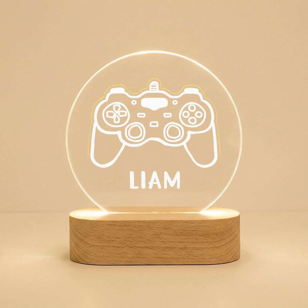 Acrylic LED night light with game controller icon, personalized name lamp, USB base, gamer room desk decor, custom boys gift