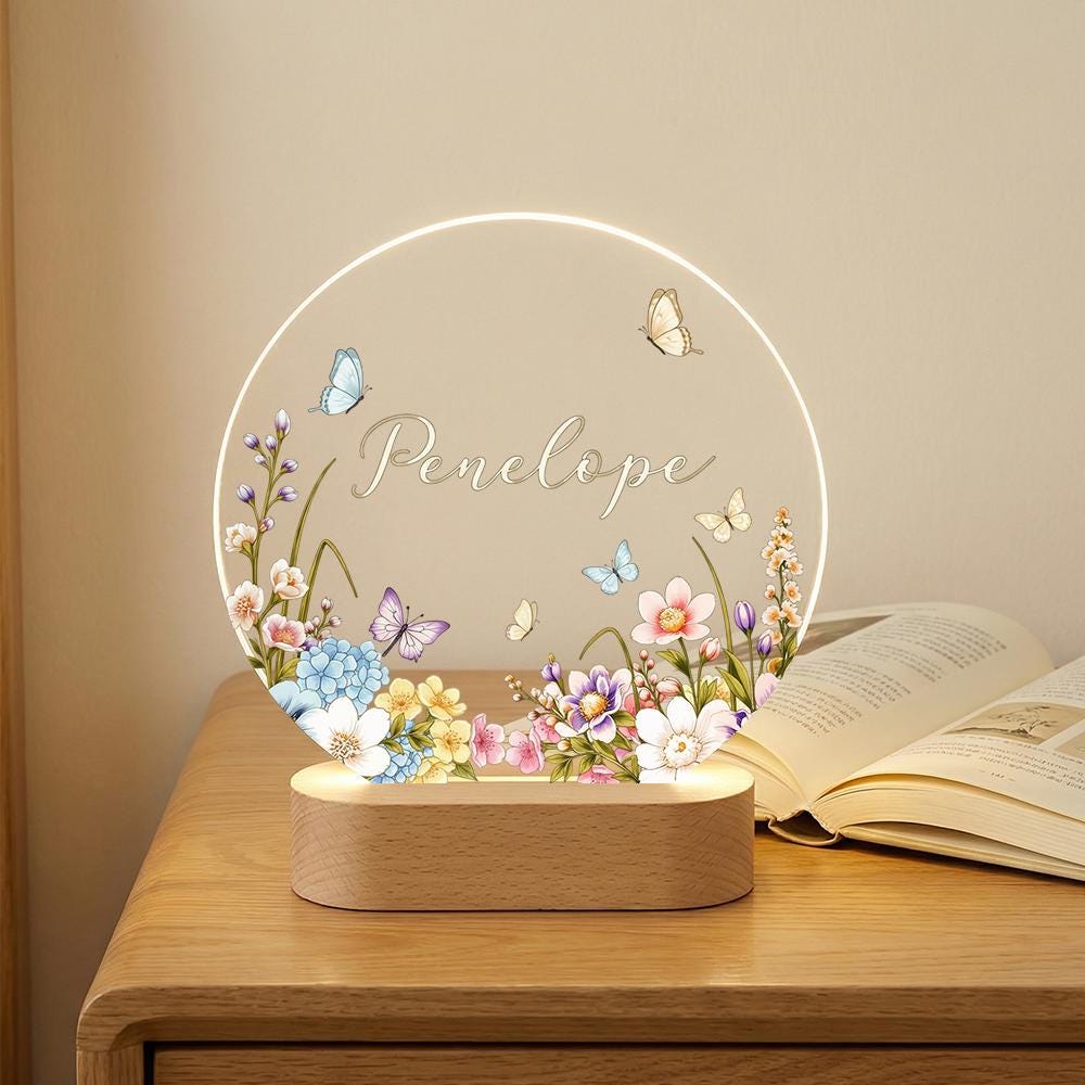 Personalized acrylic night light, floral butterfly name lamp, engraved LED bedside decor, custom nursery keepsake, baby shower gift