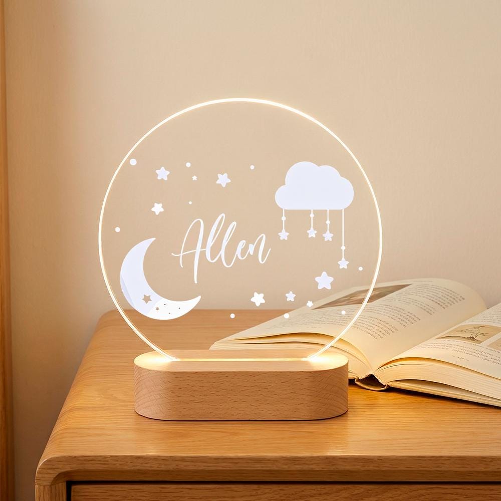 Personalized acrylic night light with wooden base, moon cloud stars nursery lamp, custom name baby room decor, newborn shower gift
