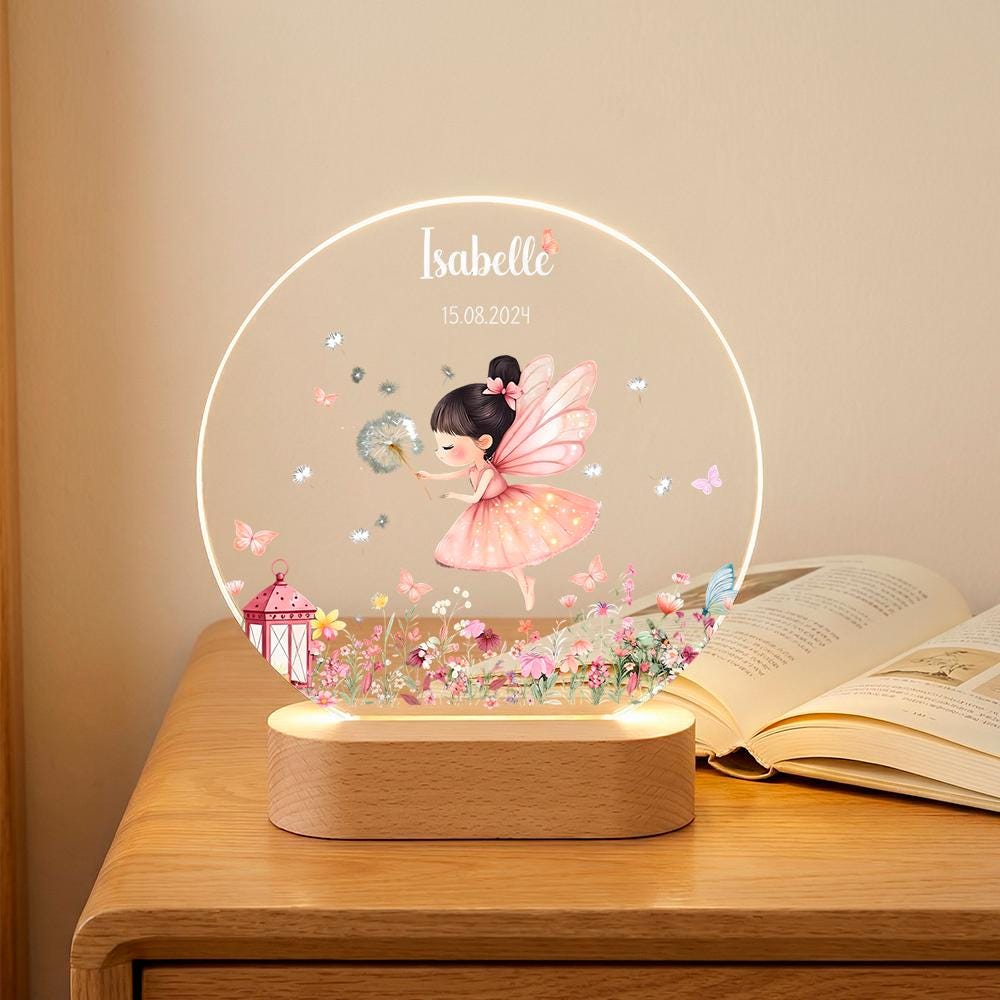 Personalized acrylic night light with fairy girl, name & date | nursery decor LED lamp | birthday christening baby shower gift