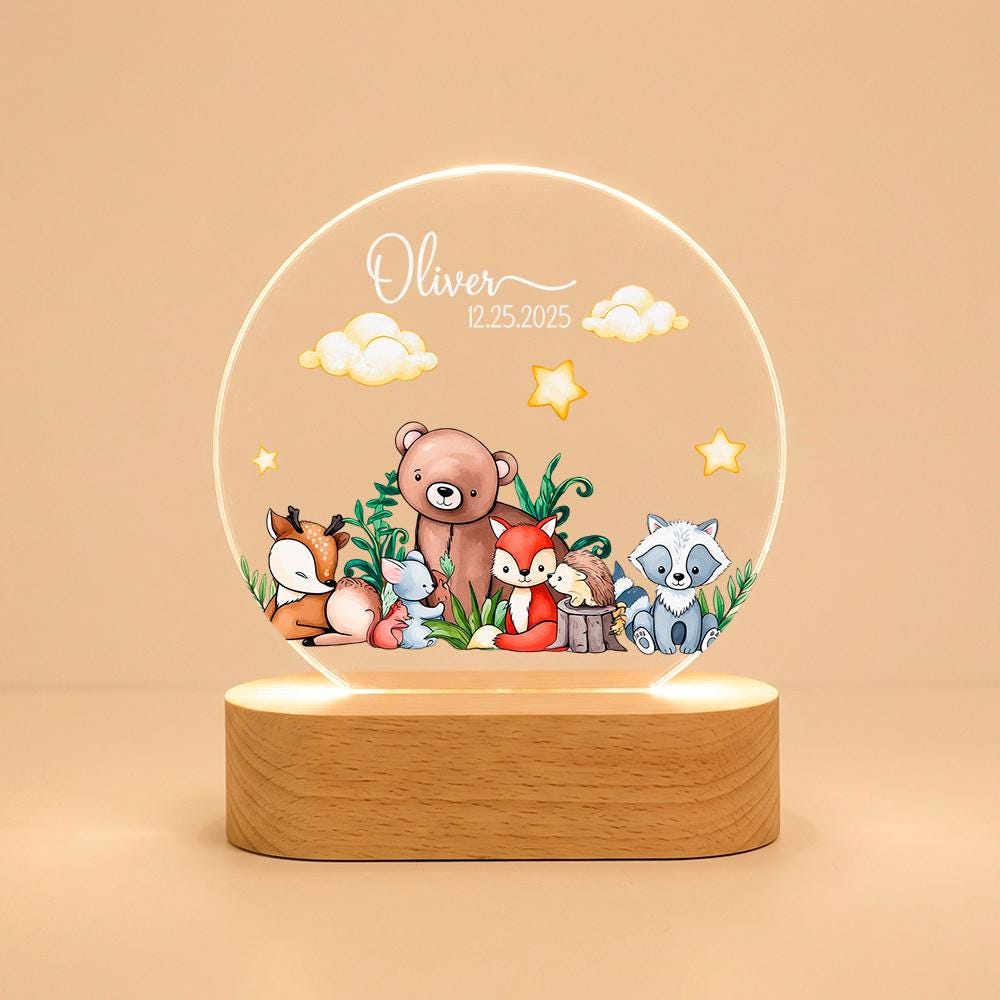 Personalized Woodland Night Light Acrylic LED Sign, Baby Name Nursery Lamp, Custom Birth Date Gift, Forest Animals Decor